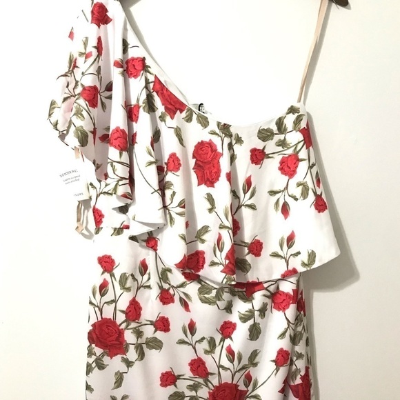 Fame and Partners Briar Rose White Red Floral One Shoulder Dress Ruffle US 8 NWT - Picture 4 of 12